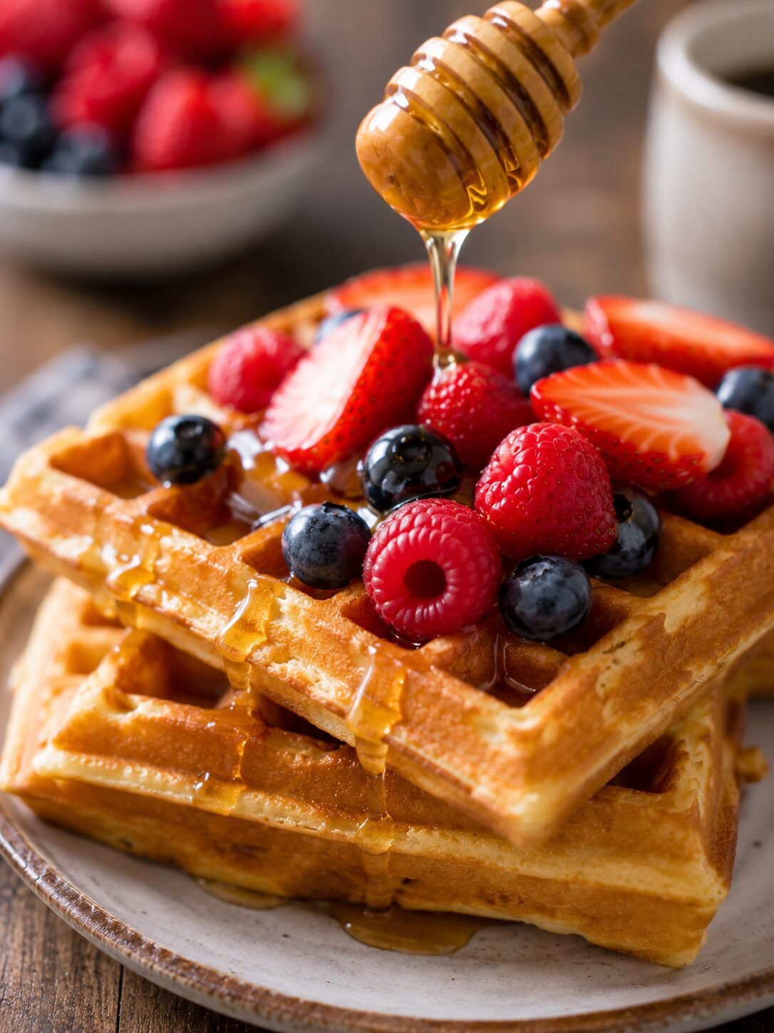 Waffles Caseiros Crocantes com frutas e mel