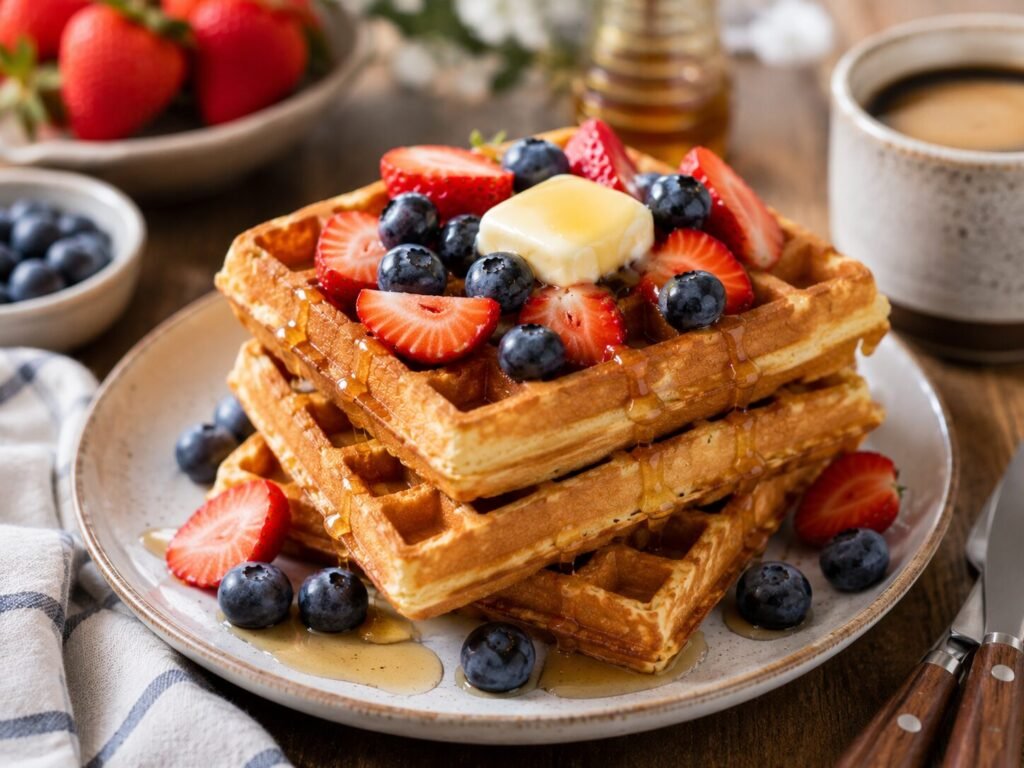 Waffles crocantes para para cafe da manha com manteiga 